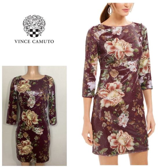 New. Vince Camuto burgundy sequin floral dress. Retails $148. Size 6 - Picture 1 of 12